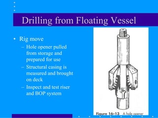 Drilling from Floating Vessel
• Rig move
– Hole opener pulled
from storage and
prepared for use
– Structural casing is
measured and brought
on deck
– Inspect and test riser
and BOP system
 
