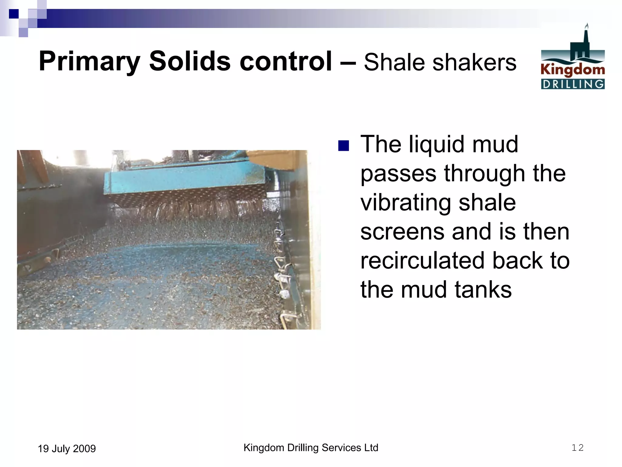Kingdom Drilling Services Ltd 1219 July 2009
Primary Solids control – Shale shakers
 The liquid mud
passes through the
vibrating shale
screens and is then
recirculated back to
the mud tanks
 