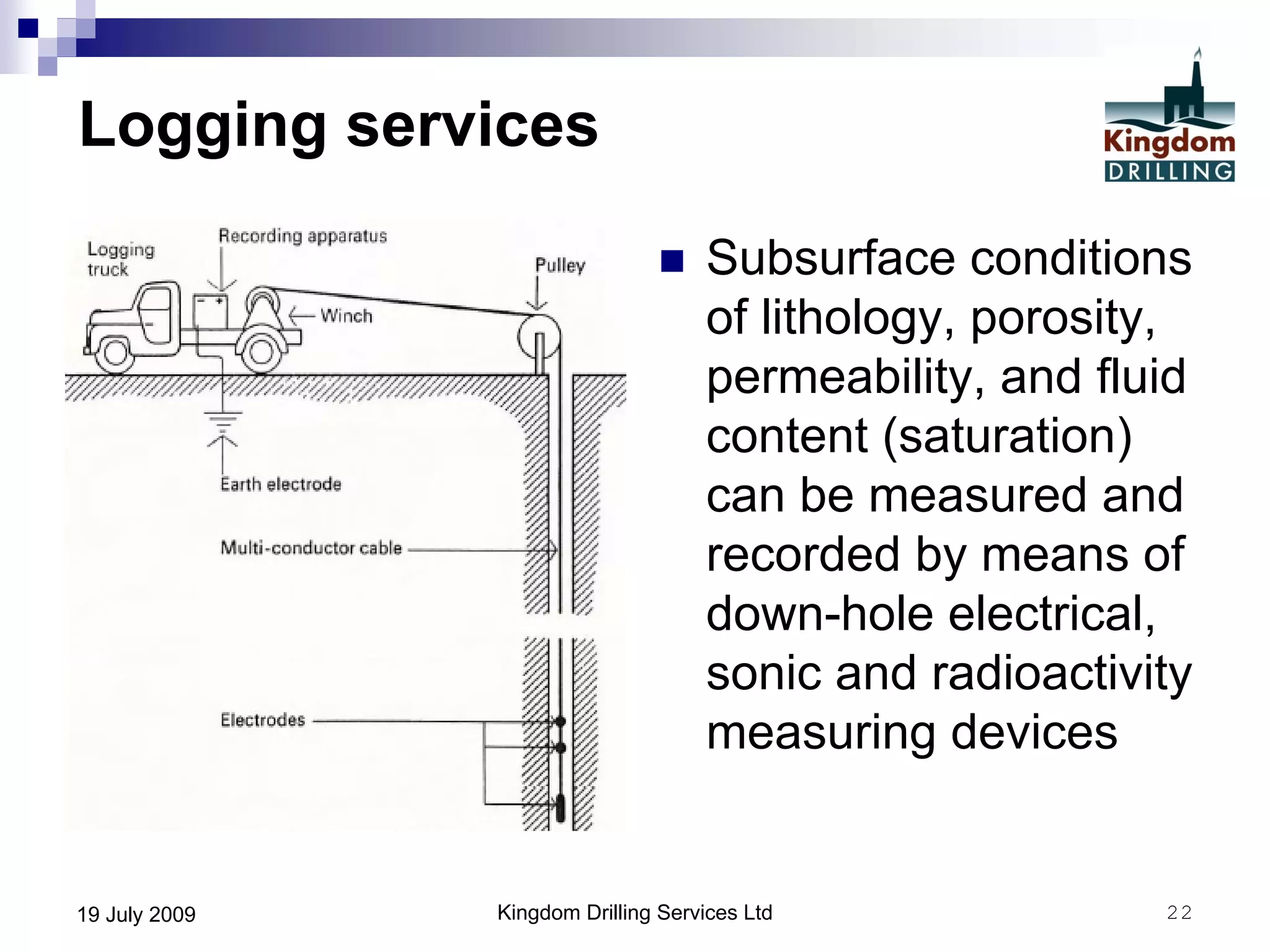 Kingdom Drilling Services Ltd 2219 July 2009
Logging services
 Subsurface conditions
of lithology, porosity,
permeability, and fluid
content (saturation)
can be measured and
recorded by means of
down-hole electrical,
sonic and radioactivity
measuring devices
 