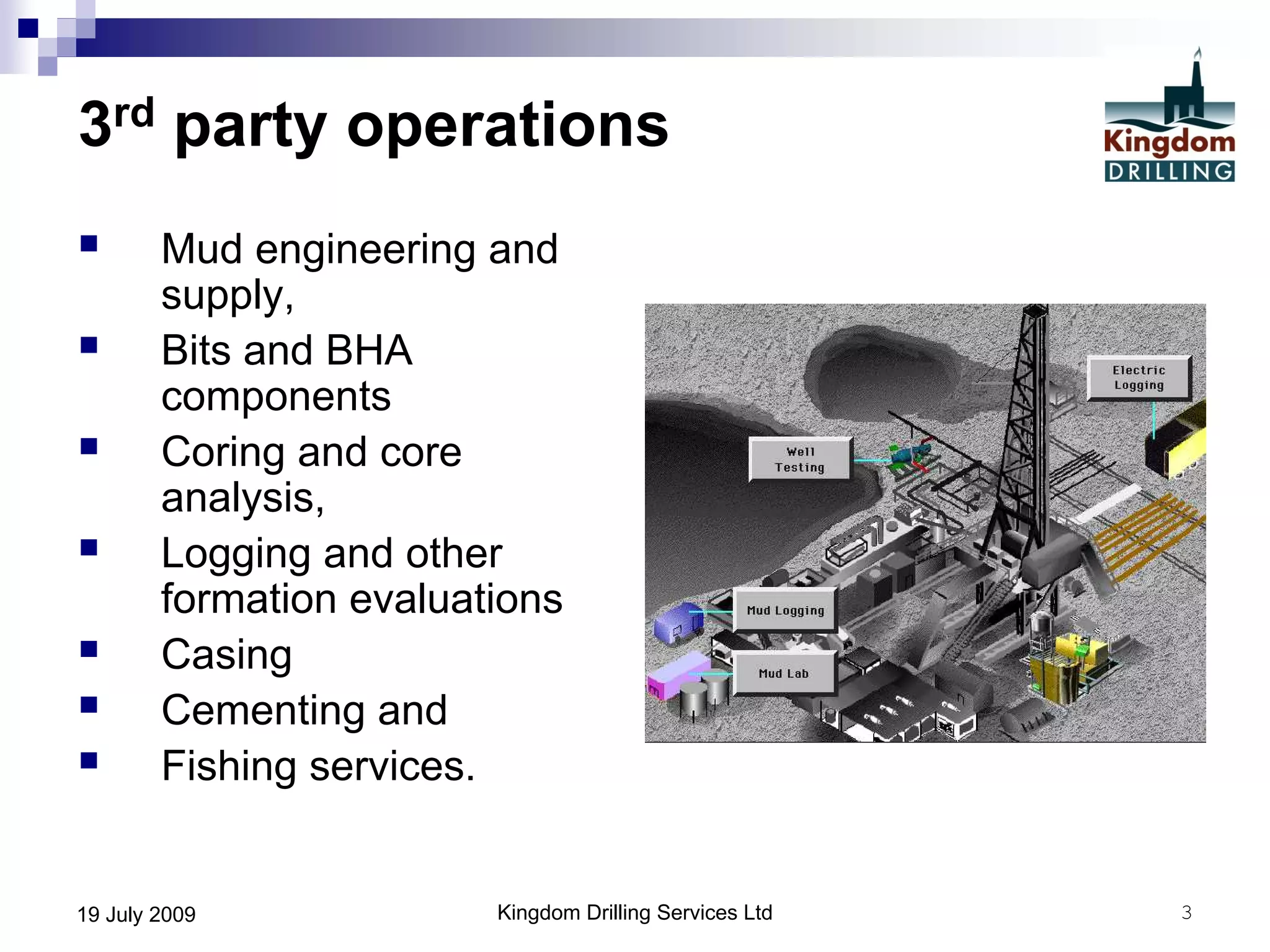 Kingdom Drilling Services Ltd 319 July 2009
3rd party operations
 Mud engineering and
supply,
 Bits and BHA
components
 Coring and core
analysis,
 Logging and other
formation evaluations
 Casing
 Cementing and
 Fishing services.
 