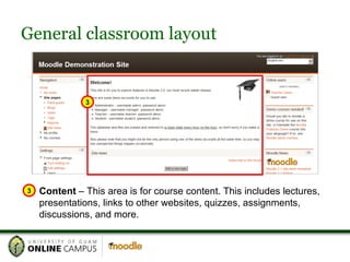 3 3 Content  – This area is for course content. This includes lectures, presentations, links to other websites, quizzes, assignments, discussions, and more. General classroom layout 