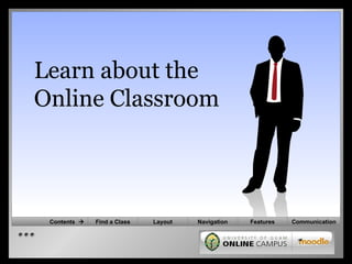 Learn about the Online Classroom Communication Navigation Features Layout Find a Class Contents   