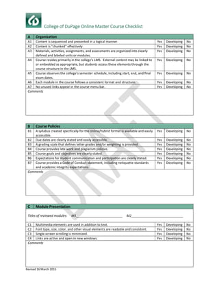 Revised 16 March 2015
College of DuPage Online Master Course Checklist
A Organization
A1 Content is sequenced and presented in a logical manner. Yes Developing No
A2 Content is "chunked" effectively. Yes Developing No
A3 Materials, activities, assignments, and assessments are organized into clearly
defined and labeled units or modules.
Yes Developing No
A4 Course resides primarily in the college’s LMS. External content may be linked to
or embedded as appropriate, but students access these elements through the
course structure in the LMS.
Yes Developing No
A5 Course observes the college’s semester schedule, including start, end, and final
exam dates.
Yes Developing No
A6 Each module in the course follows a consistent format and structure. Yes Developing No
A7 No unused links appear in the course menu bar. Yes Developing No
Comments
B Course Policies
B1 A syllabus created specifically for the online/hybrid format is available and easily
accessible.
Yes Developing No
B2 Due dates are clearly stated and easily accessible. Yes Developing No
B3 A grading scale that defines letter grades and/or weighting is provided. Yes Developing No
B4 Course provides late work and plagiarism policies. Yes Developing No
B5 Course goals and objectives are clearly stated. Yes Developing No
B6 Expectations for student communication and participation are clearly stated. Yes Developing No
B7 Course provides a Code of Conduct statement, including netiquette standards
and academic integrity expectations.
Yes Developing No
Comments
C Module Presentation
Titles of reviewed modules: M1__________________________ M2_____________________________
C1 Multimedia elements are used in addition to text. Yes Developing No
C2 Font type, size, color, and other visual elements are readable and consistent. Yes Developing No
C3 Single-screen scrolling is minimized. Yes Developing No
C4 Links are active and open in new windows. Yes Developing No
Comments
 