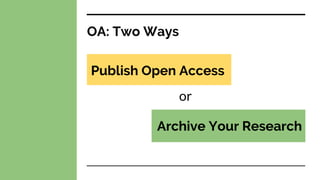 OA: Two Ways
or
Publish Open Access
Archive Your Research
 