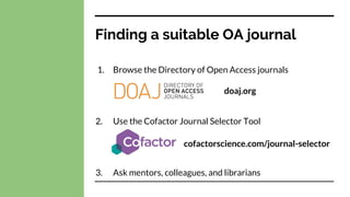Finding a suitable OA journal
1. Browse the Directory of Open Access journals
2. Use the Cofactor Journal Selector Tool
3. Ask mentors, colleagues, and librarians
doaj.org
cofactorscience.com/journal-selector
 