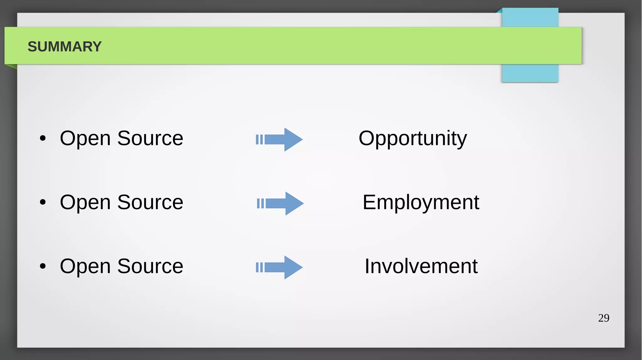 SUMMARY




 ●   Open Source   Opportunity

 ●   Open Source   Employment

 ●   Open Source   Involvement

                                 29
 