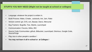 STUFFS YOU MAY NEED (Might not be taught at school or colleges)


 ●   Language: whatever the project is written in.
 ●   Build Process: Make, Cmake , autotools, Ant, Jam, Rake
 ●   Version control: git, CVS, svn, Bazaar, Darcs, Mercurial
 ●   Bug Trackers: Bugzilla, Trac, Mantis, Launchpad
 ●   Communication: Forums, Wikis, IRC
 ●   Source Code Communities: github, Bitbucket, Launchpad, Gitorious, Google Code,
     SourceForge
 ●   Play nice in other people's sandbox !
 ●   You may not learn it all in school or at Colleges !


                                                                                      27
 