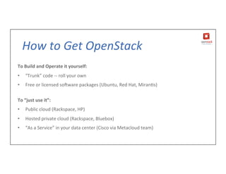 To	
  Build	
  and	
  Operate	
  it	
  yourself:	
  
•  “Trunk”	
  code	
  -­‐-­‐	
  roll	
  your	
  own	
  
•  Free	
  or	
  licensed	
  soWware	
  packages	
  (Ubuntu,	
  Red	
  Hat,	
  MiranTs)	
  
	
  
To	
  “just	
  use	
  it”:	
  
•  Public	
  cloud	
  (Rackspace,	
  HP)	
  
•  Hosted	
  private	
  cloud	
  (Rackspace,	
  Bluebox)	
  
•  “As	
  a	
  Service”	
  in	
  your	
  data	
  center	
  (Cisco	
  via	
  Metacloud	
  team)	
  
How	
  to	
  Get	
  OpenStack	
  
 