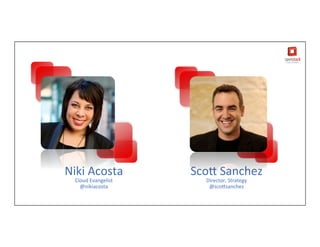 Sco$	
  Sanchez	
  
Director,	
  Strategy	
  
@sco$sanchez	
  
Niki	
  Acosta	
  
Cloud	
  Evangelist	
  
@nikiacosta	
  
 