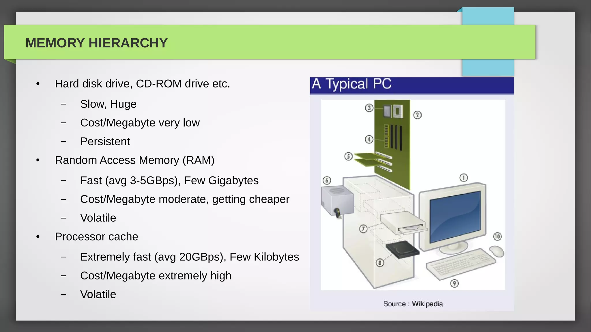 MEMORY HIERARCHY

 ●   Hard disk drive, CD-ROM drive etc.
      –   Slow, Huge
      –   Cost/Megabyte very low
      –   Persistent
 ●   Random Access Memory (RAM)
      –   Fast (avg 3-5GBps), Few Gigabytes
      –   Cost/Megabyte moderate, getting cheaper
      –   Volatile
 ●   Processor cache
      –   Extremely fast (avg 20GBps), Few Kilobytes
      –   Cost/Megabyte extremely high
      –   Volatile
 