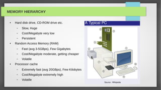 MEMORY HIERARCHY

 ●   Hard disk drive, CD-ROM drive etc.
      –   Slow, Huge
      –   Cost/Megabyte very low
      –   Persistent
 ●   Random Access Memory (RAM)
      –   Fast (avg 3-5GBps), Few Gigabytes
      –   Cost/Megabyte moderate, getting cheaper
      –   Volatile
 ●   Processor cache
      –   Extremely fast (avg 20GBps), Few Kilobytes
      –   Cost/Megabyte extremely high
      –   Volatile
 