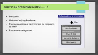 WHAT IS AN OPERATING SYSTEM….... ?



 ●   Functions
 ●   Hides underlying hardware .
 ●   Provides consistent environment for programs
     to run in .
 ●   Resource management .
 