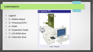 COMPONENTS



 ●   Legend                ●   A Typical PC
 ●   2 = Mother Board
 ●   3 = Processor/CPU
 ●   4 = RAM
 ●   5 = Expansion Cards
 ●   7 = CD-ROM drive
 ●   8 = Hard disc drive
 