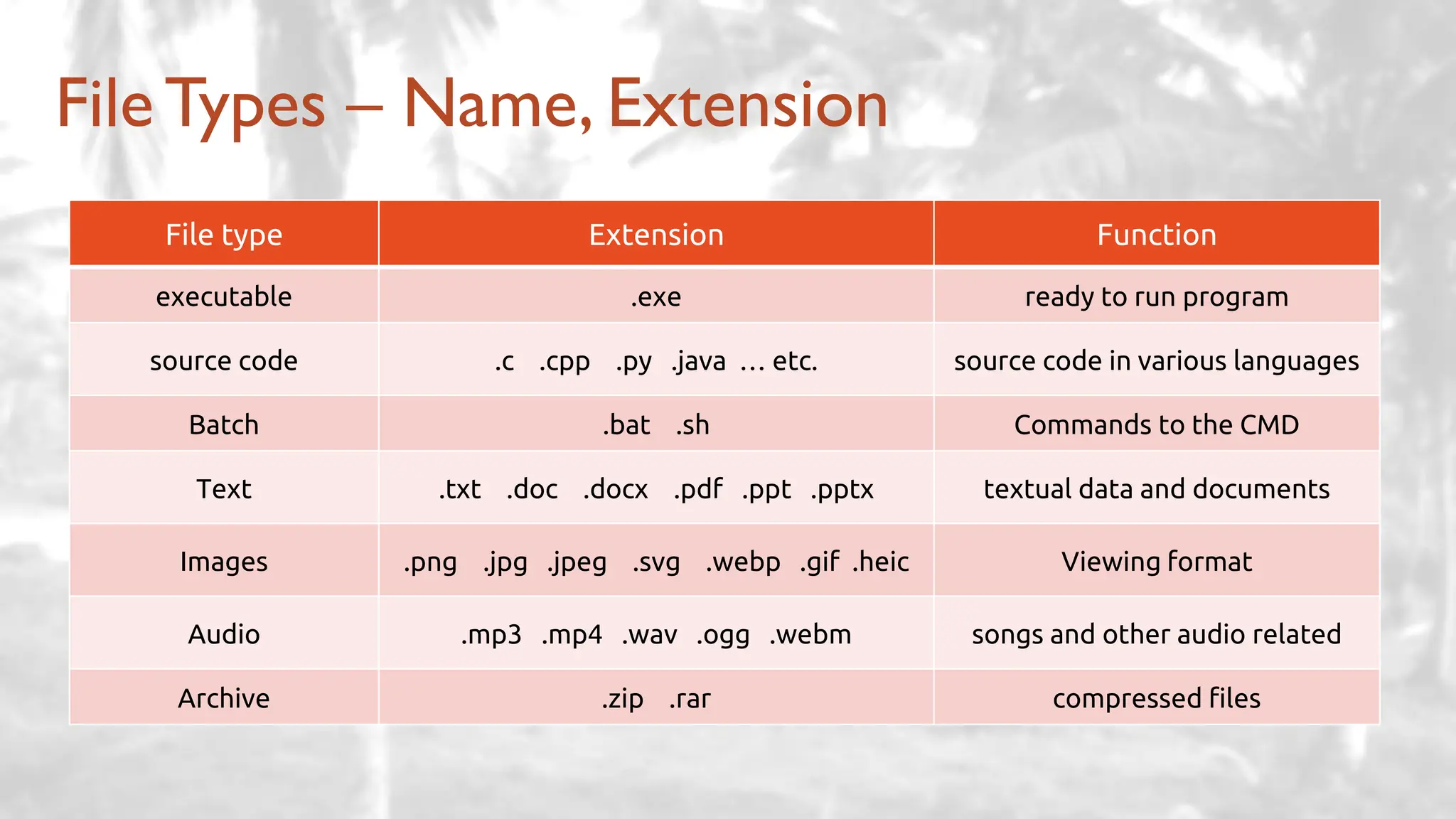 File type Extension Function
executable .exe ready to run program
source code .c .cpp .py .java … etc. source code in various languages
Batch .bat .sh Commands to the CMD
Text .txt .doc .docx .pdf .ppt .pptx textual data and documents
Images .png .jpg .jpeg .svg .webp .gif .heic Viewing format
Audio .mp3 .mp4 .wav .ogg .webm songs and other audio related
Archive .zip .rar compressed files
FileTypes – Name, Extension
 