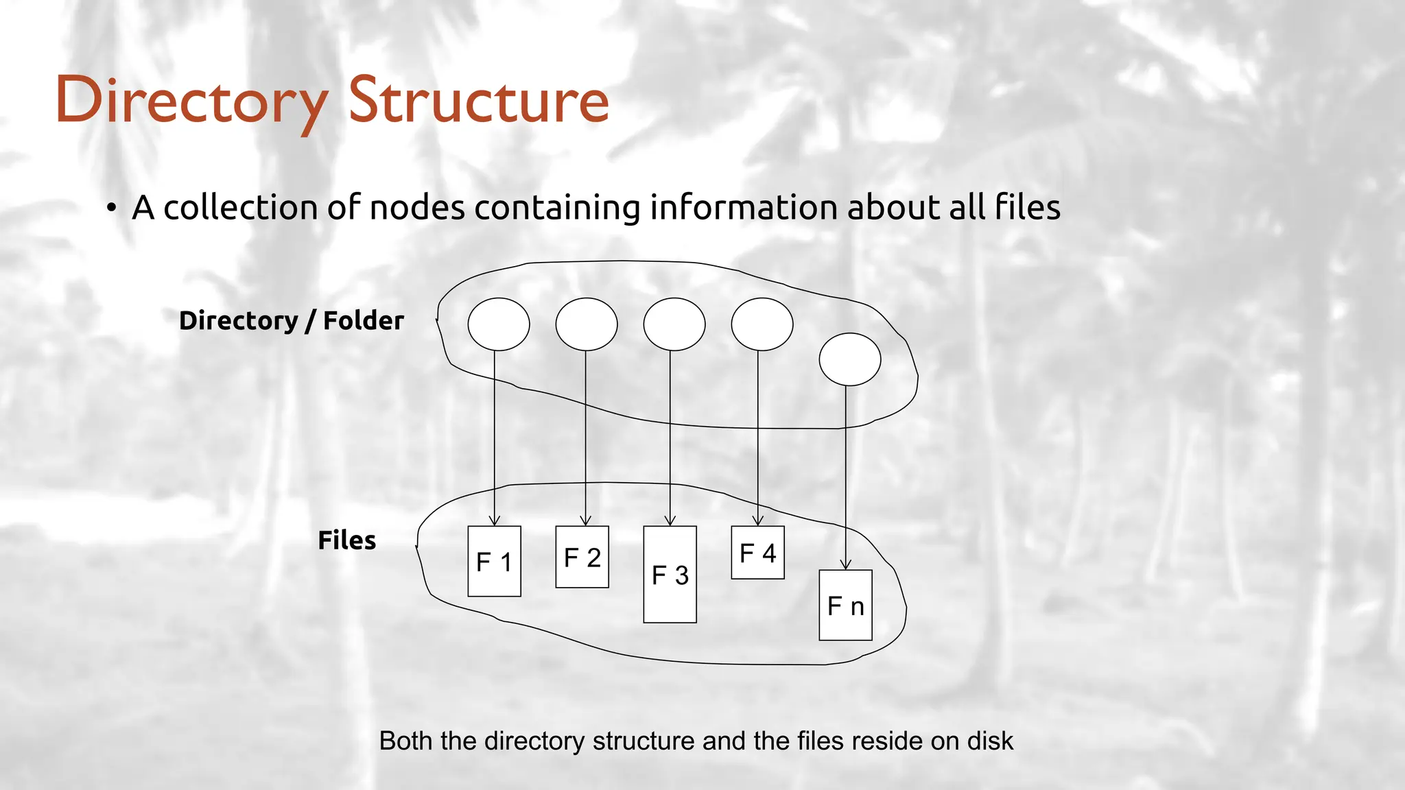 Directory Structure
• A collection of nodes containing information about all files
F 1 F 2
F 3
F 4
F n
Directory / Folder
Files
Both the directory structure and the files reside on disk
 