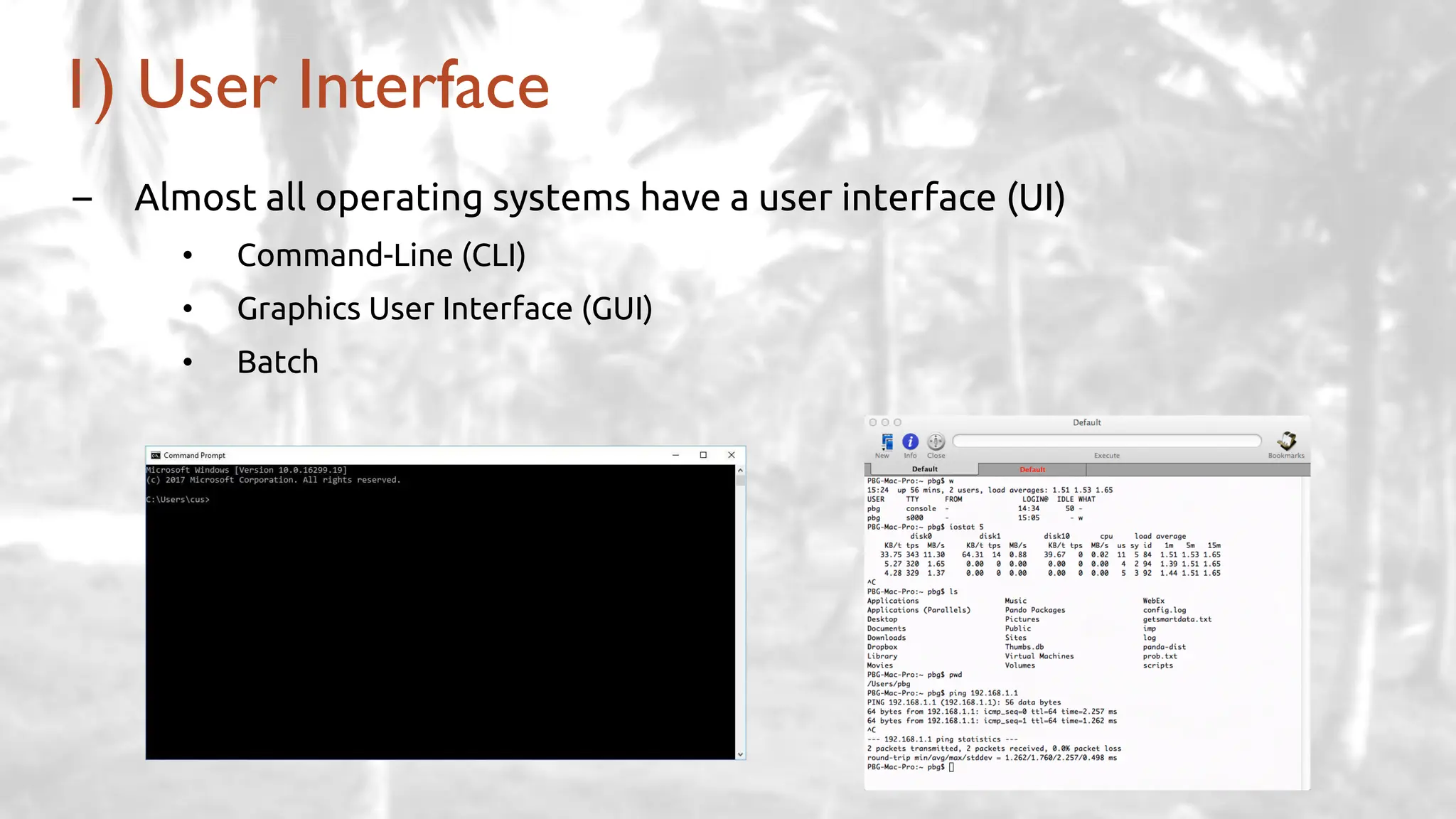 – Almost all operating systems have a user interface (UI)
• Command-Line (CLI)
• Graphics User Interface (GUI)
• Batch
1) User Interface
 