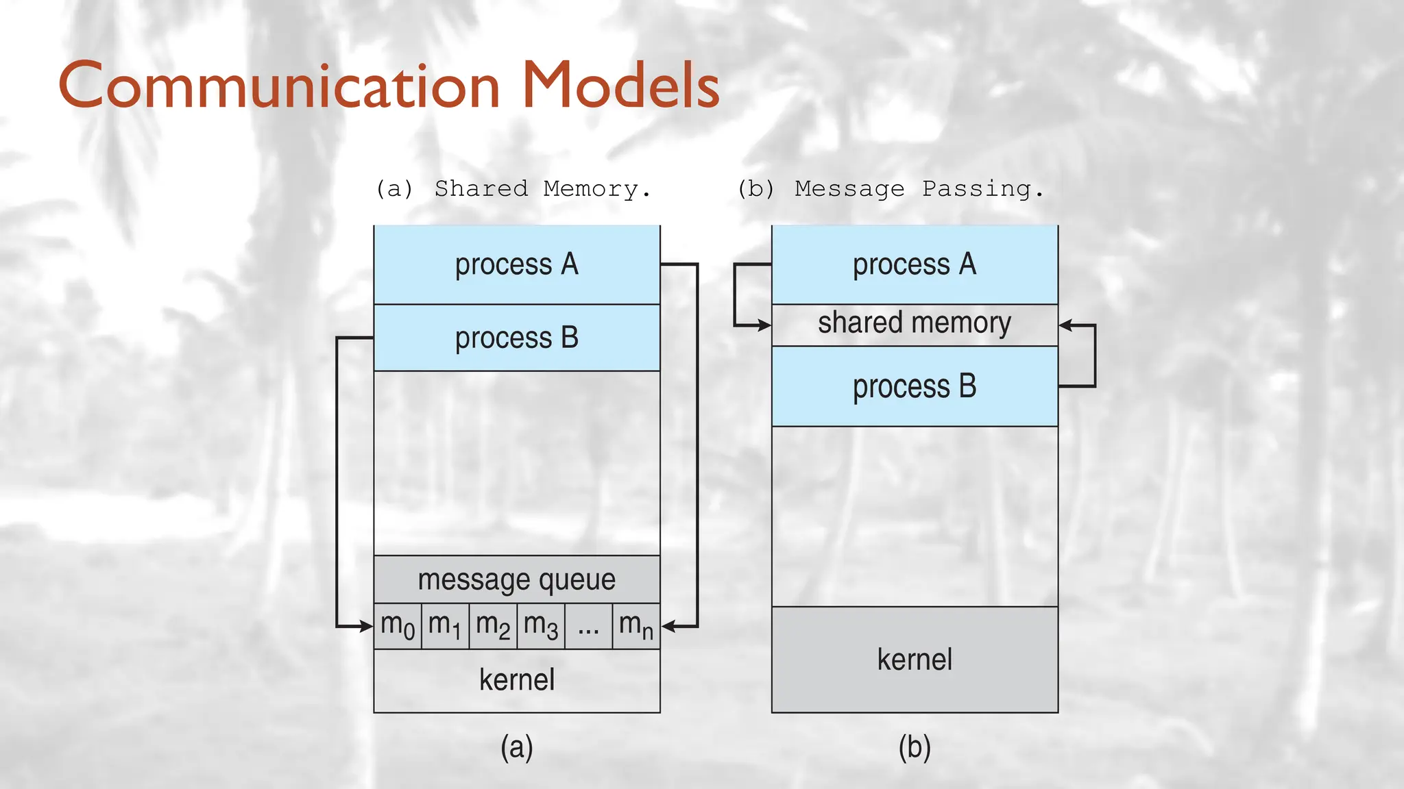 Communication Models
(a) Shared Memory. (b) Message Passing.
 