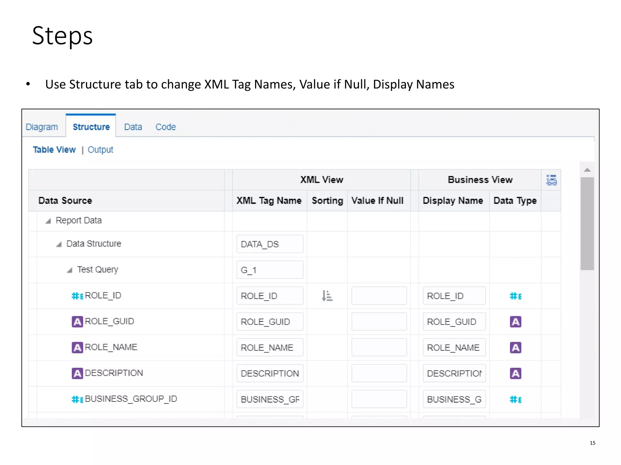 15 Steps • Use Structure tab to change XML Tag Names, Value if Null, Display Names 