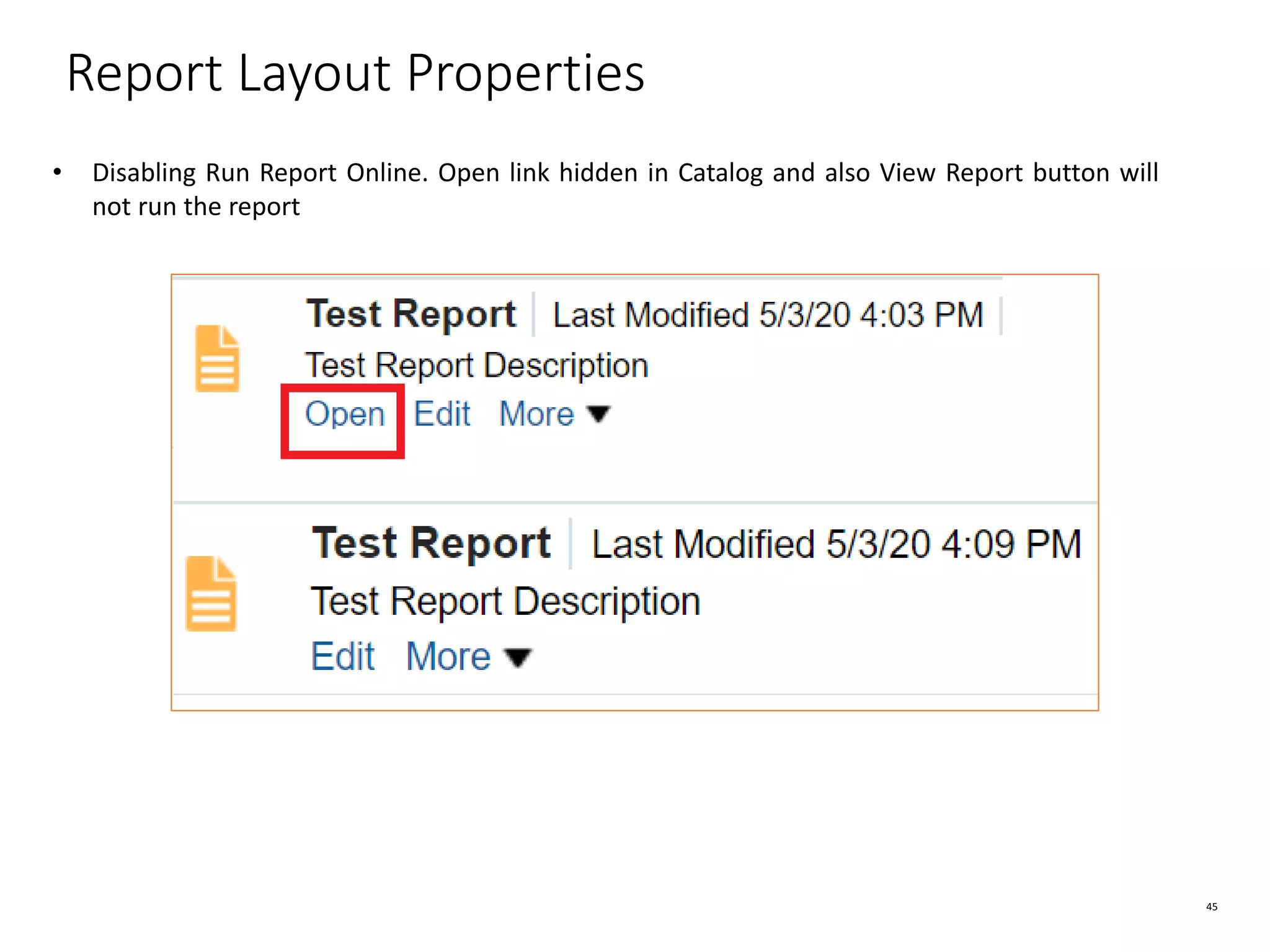 45 Report Layout Properties • Disabling Run Report Online. Open link hidden in Catalog and also View Report button will not run the report 