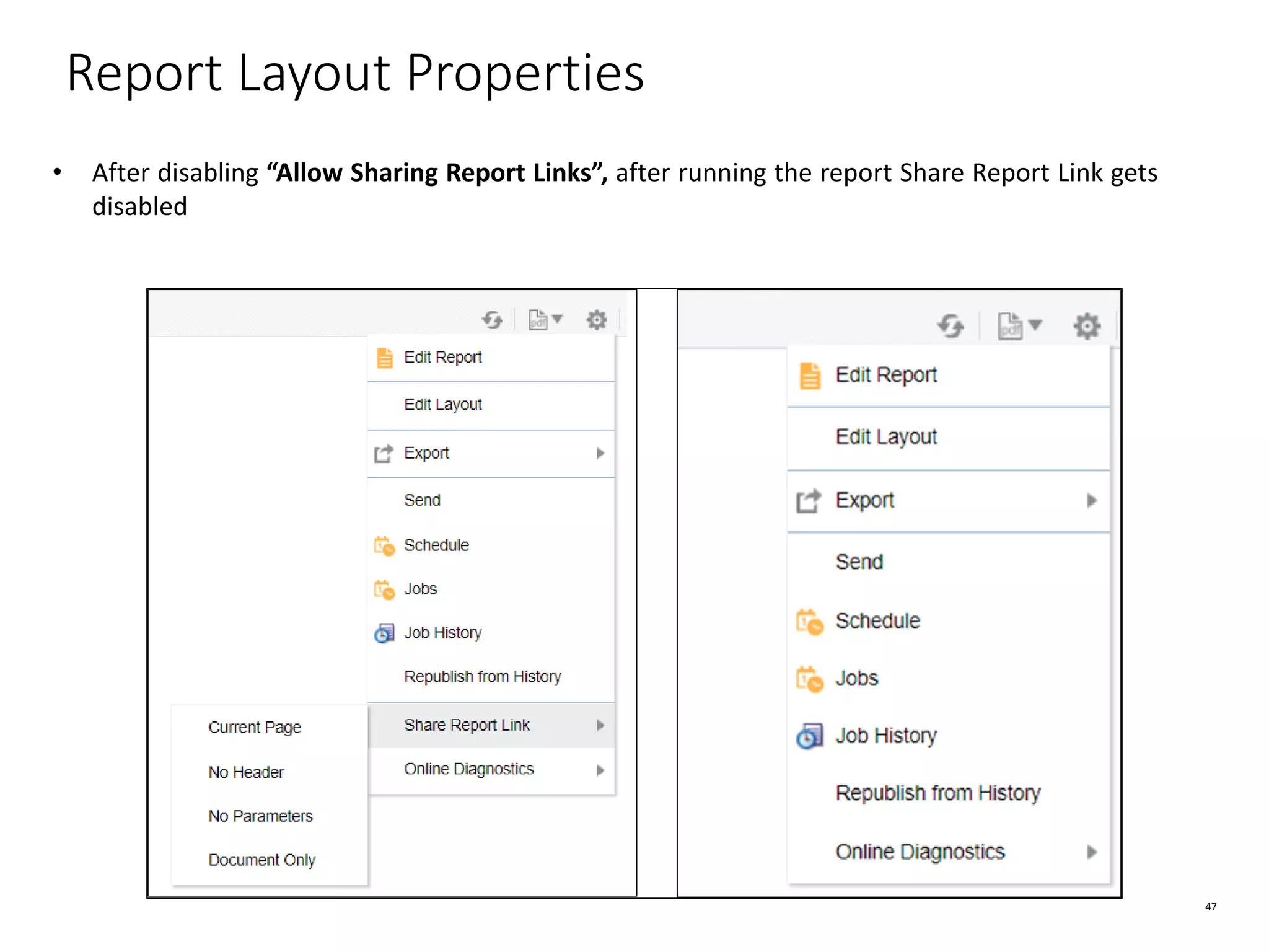 47 Report Layout Properties • After disabling “Allow Sharing Report Links”, after running the report Share Report Link gets disabled 
