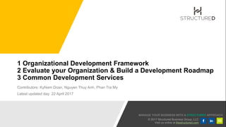 MANAGE YOUR BUSINESS WITH A STRUCTURED APPROACH
© 2017 Structured Business Group, LLC
Visit us online at thestructured.com
1 Organizational Development Framework
2 Evaluate your Organization & Build a Development Roadmap
3 Common Development Services
Contributors: KyNam Doan, Nguyen Thuy Anh, Phan Tra My
Latest updated day: 22 April 2017
 