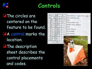 Controls The circles are centered on the feature to be found. A  control  marks the location.  The description sheet describes the control placements and codes. 