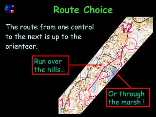 Route Choice The route from one control to the next is up to the orienteer. Run over the hills… Or through the marsh ! 