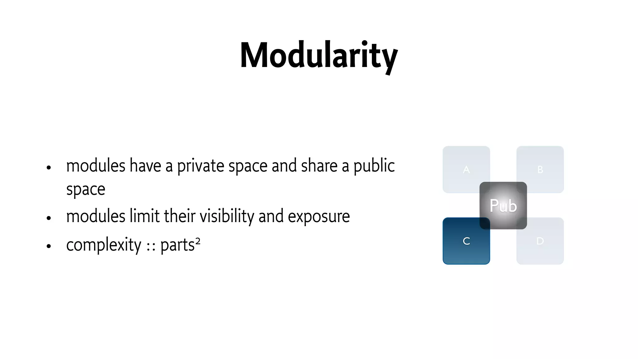 Modularity
• modules have a private space and share a public
space
• modules limit their visibility and exposure
• complexity ∷ parts2
A B
C D
Pub
 