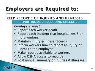 Employers are Required to: KEEP RECORDS OF INJURIES AND ILLNESSES REPORTING AND RECORDING CHECKLIST Employers must: Report each worker death Report each incident that hospitalizes 3 or more workers Maintain injury & illness records Inform workers how to report an injury or illness to the employer Make records available to workers Allow OSHA access to records Post annual summary of injuries & illnesses 