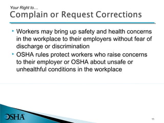  Workers may bring up safety and health concerns
in the workplace to their employers without fear of
discharge or discrimination
 OSHA rules protect workers who raise concerns
to their employer or OSHA about unsafe or
unhealthful conditions in the workplace
Your Right to…
11
 