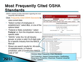 Most Frequently Cited OSHAMost Frequently Cited OSHA
StandardsStandards
21
OSHA’s website provides information regarding the most
frequently cited standards
Click: Frequently Cited OSHA Standards to
view current data
 “Select number of employees in
establishment,” select ALL or one of the
options listed
 “Federal or State Jurisdiction,” select
Federal or, from the dropdown menu, a
specific state
 “NAICS,” enter ALL for all Industry
groups, or enter a valid 2 to 6 digit code
for a specific Industry from the NAICS
Manual
 Shown are search results for: All sizes
of establishments, in Federal
jurisdiction, with a Construction NAICS
code of “23” Common Most Frequently Cited Standards:
Fall Protection; Hazard Communication; Scaffolding;
Respiratory Protection; Electrical; Powered Industrial
Trucks; Ladders
Common Most Frequently Cited Standards:
Fall Protection; Hazard Communication; Scaffolding;
Respiratory Protection; Electrical; Powered Industrial
Trucks; Ladders
 