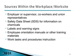  Employer or supervisor, co-workers and union
representatives
 Safety Data Sheet (SDS) for information on
chemicals
 Labels and warning signs
 Employee orientation manuals or other training
materials
 Work tasks and procedures instruction
27
 