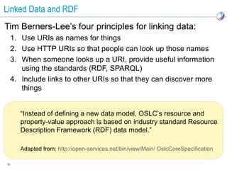 Linked Data and RDF
Tim Berners-Lee’s four principles for linking data:
     1. Use URIs as names for things
     2. Use HTTP URIs so that people can look up those names
     3. When someone looks up a URI, provide useful information
        using the standards (RDF, SPARQL)
     4. Include links to other URIs so that they can discover more
        things


        “Instead of defining a new data model, OSLC’s resource and
        property-value approach is based on industry standard Resource
        Description Framework (RDF) data model.”

        Adapted from: http://open-services.net/bin/view/Main/ OslcCoreSpecification

15
 