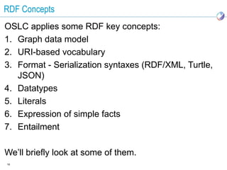 RDF Concepts
OSLC applies some RDF key concepts:
1. Graph data model
2. URI-based vocabulary
3. Format - Serialization syntaxes (RDF/XML, Turtle,
   JSON)
4. Datatypes
5. Literals
6. Expression of simple facts
7. Entailment

We’ll briefly look at some of them.
16
 