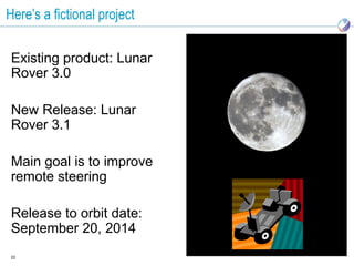 Here’s a fictional project

 Existing product: Lunar
 Rover 3.0

 New Release: Lunar
 Rover 3.1

 Main goal is to improve
 remote steering

 Release to orbit date:
 September 20, 2014
 22
 