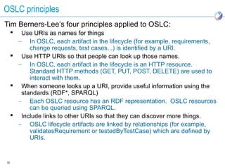 OSLC principles
Tim Berners-Lee’s four principles applied to OSLC:
       Use URIs as names for things
       – In OSLC, each artifact in the lifecycle (for example, requirements,
           change requests, test cases...) is identified by a URI.
      Use HTTP URIs so that people can look up those names.
       – In OSLC, each artifact in the lifecycle is an HTTP resource.
           Standard HTTP methods (GET, PUT, POST, DELETE) are used to
           interact with them.
      When someone looks up a URI, provide useful information using the
        standards (RDF*, SPARQL)
       – Each OSLC resource has an RDF representation. OSLC resources
           can be queried using SPARQL.
      Include links to other URIs so that they can discover more things.
       – OSLC lifecycle artifacts are linked by relationships (for example,
           validatesRequirement or testedByTestCase) which are defined by
           URIs.


32
 