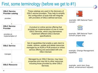 First, some terminology (before we get to #1)
 OSLC Service         These catalogs are used in the discovery of
 Provider catalog    OSLC service providers. They help to simplify
                      the configuration of tools that will integrate
     provides          with providers of OSLC-defined services.
                                                                       example: IBM Rational Team
                                                                       Concert

OSLC Service            A product or online service offering that
Provider              provides an implementation of one or more
                        OSLC Services, which may themselves
 provides an              implement different OSLC Domain              example: IBM Rational Team
 implementation of                  specifications                     Concert project area



                     Set of capabilities that enable a web client to
OSLC Service         create, retrieve, update and delete resources
                     managed by an ALM or PLM product or online
                       service offering and associated with one        example: Change Management
                                     OSLC Domain                       capability
     manages


                       Managed by an OSLC Service, may have
                       properties and may link to other resources
                        including those provided by other OSLC
OSLC Resource                                                          example: work item (bug,
                                       Services.
                                                                       defect, enhancement request)
36
 