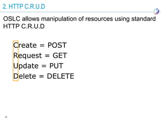 2. HTTP C.R.U.D
OSLC allows manipulation of resources using standard
HTTP C.R.U.D


     Create = POST
     Request = GET
     Update = PUT
     Delete = DELETE




38
 