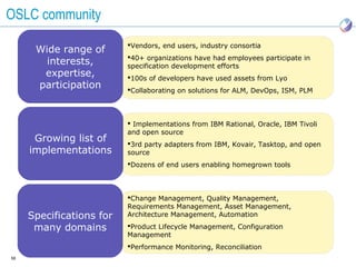 OSLC community
                          Vendors, end users, industry consortia
      Wide range of
                          40+ organizations have had employees participate in
        interests,        specification development efforts
       expertise,         100s of developers have used assets from Lyo
      participation       Collaborating on solutions for ALM, DevOps, ISM, PLM



                           Implementations from IBM Rational, Oracle, IBM Tivoli
                          and open source
      Growing list of     3rd party adapters from IBM, Kovair, Tasktop, and open
     implementations      source
                          Dozens of end users enabling homegrown tools



                          Change Management, Quality Management,
                          Requirements Management, Asset Management,
     Specifications for   Architecture Management, Automation

      many domains        Product Lifecycle Management, Configuration
                          Management
                          Performance Monitoring, Reconciliation
58
 