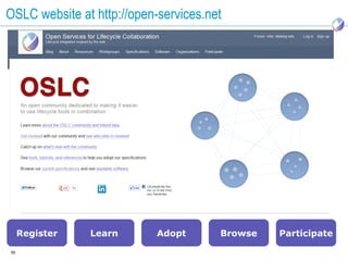 OSLC website at http://open-services.net




     Register   Learn       Adopt      Browse   Participate

59
 
