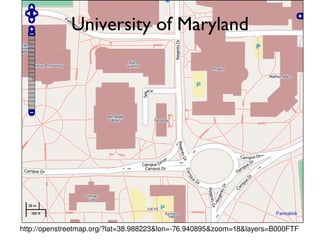 University of Maryland http://openstreetmap.org/?lat=38.988223&lon=-76.940895&zoom=18&layers=B000FTF 