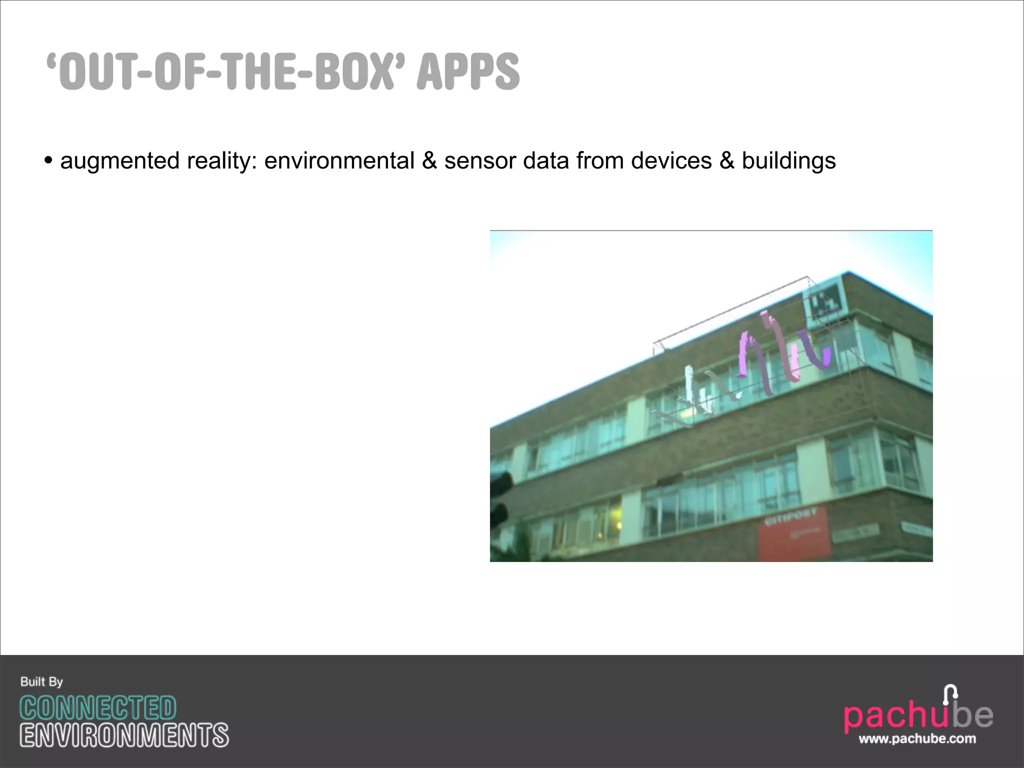 ‘OUT-OF-THE-BOX’ APPS
• augmented reality: environmental & sensor data from devices & buildings
 