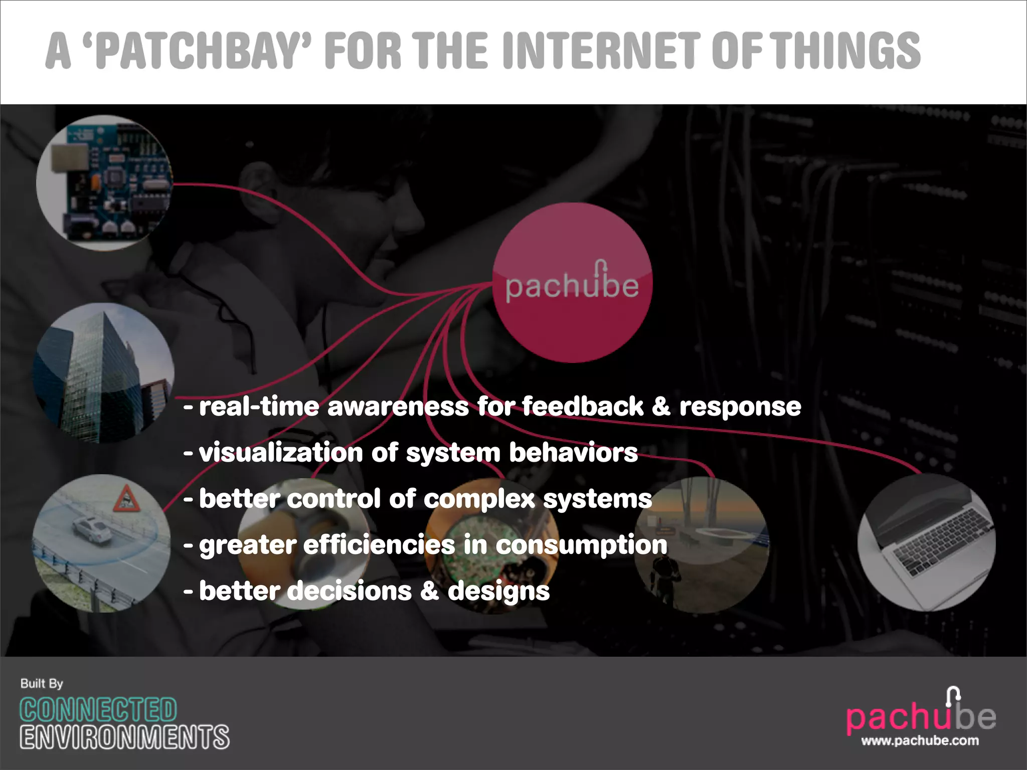 A ‘PATCHBAY’ FOR THE INTERNET OF THINGS




      - real-time awareness for feedback & response
      - visualization of system behaviors
      - better control of complex systems
      - greater efficiencies in consumption
      - better decisions & designs
 