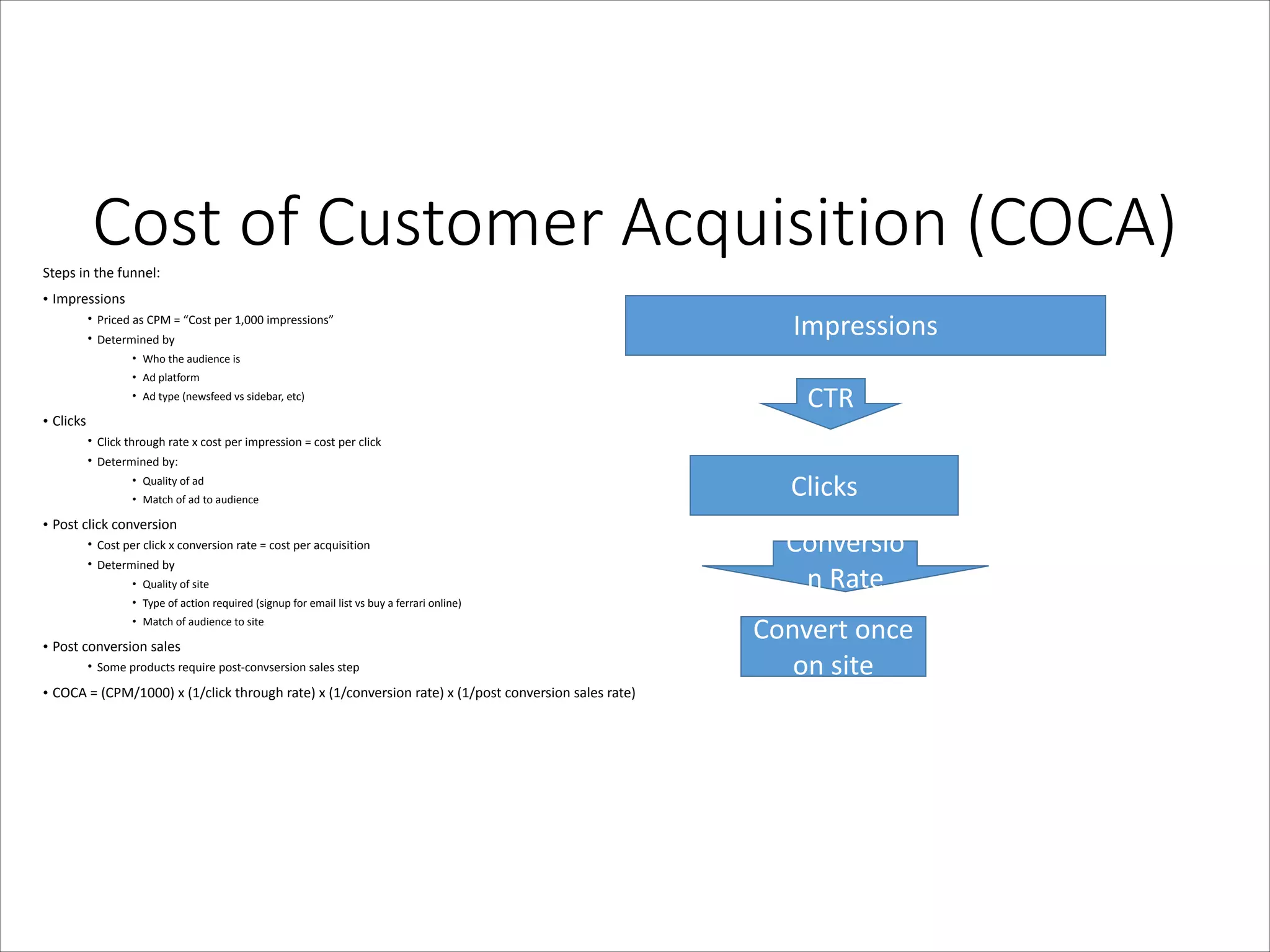 Cost  of  Customer  Acquisition  (COCA)

Steps	
  in	
  the	
  funnel:	
  
• Impressions	
  

• Priced	
  as	
  CPM	
  =	
  “Cost	
  per	
  1,000	
  impressions”
• Determined	
  by

	
  

	
  

Impressions

	
  

• Who	
  the	
  audience	
  is

	
  

• Ad	
  platform

CTR

	
  

• Ad	
  type	
  (newsfeed	
  vs	
  sidebar,	
  etc)

• Clicks	
  

	
  

• Click	
  through	
  rate	
  x	
  cost	
  per	
  impression	
  =	
  cost	
  per	
  click
• Determined	
  by:

	
  

• Quality	
  of	
  ad

	
  

Clicks

	
  

• Match	
  of	
  ad	
  to	
  audience

• Post	
  click	
  conversion	
  

	
  

• Cost	
  per	
  click	
  x	
  conversion	
  rate	
  =	
  cost	
  per	
  acquisition
• Determined	
  by

	
  

	
  

• Quality	
  of	
  site

	
  

• Type	
  of	
  action	
  required	
  (signup	
  for	
  email	
  list	
  vs	
  buy	
  a	
  ferrari	
  online)

	
  

• Match	
  of	
  audience	
  to	
  site

• Post	
  conversion	
  sales	
  
• Some	
  products	
  require	
  post-­‐convsersion	
  sales	
  step

	
  

• COCA	
  =	
  (CPM/1000)	
  x	
  (1/click	
  through	
  rate)	
  x	
  (1/conversion	
  rate)	
  x	
  (1/post	
  conversion	
  sales	
  rate)

Conversio
n	
  Rate
Convert	
  once	
  
on	
  site

 
