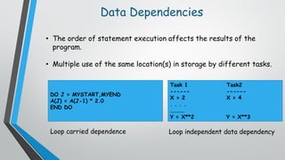 • The order of statement execution affects the results of the
program.
• Multiple use of the same location(s) in storage by different tasks.
Data Dependencies
DO J = MYSTART,MYEND
A(J) = A(J-1) * 2.0
END DO
Task 1 Task2
------ ------
X = 2 X = 4
. . . .
…………
Y = X**2 Y = X**3
Loop carried dependence Loop independent data dependency
 