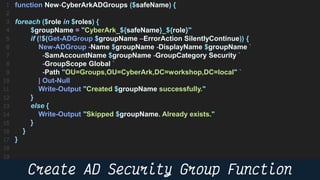48
function New-CyberArkADGroups ($safeName) {
foreach ($role in $roles) {
$groupName = "CyberArk_${safeName}_${role}"
if (!$(Get-ADGroup $groupName –ErrorAction SilentlyContinue)) {
New-ADGroup -Name $groupName -DisplayName $groupName `
-SamAccountName $groupName -GroupCategory Security `
-GroupScope Global `
-Path "OU=Groups,OU=CyberArk,DC=workshop,DC=local" `
| Out-Null
Write-Output "Created $groupName successfully."
}
else {
Write-Output "Skipped $groupName. Already exists."
}
}
}
 