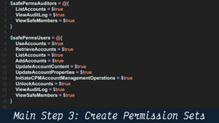 53
$safePermsAuditors = @{
ListAccounts = $true
ViewAuditLog = $true
ViewSafeMembers = $true
}
$safePermsUsers = @{
UseAccounts = $true
RetrieveAccounts = $true
ListAccounts = $true
AddAccounts = $true
UpdateAccountContent = $true
UpdateAccountProperties = $true
InitiateCPMAccountManagementOperations = $true
UnlockAccounts = $true
ViewAuditLog = $true
ViewSafeMembers = $true
}
 