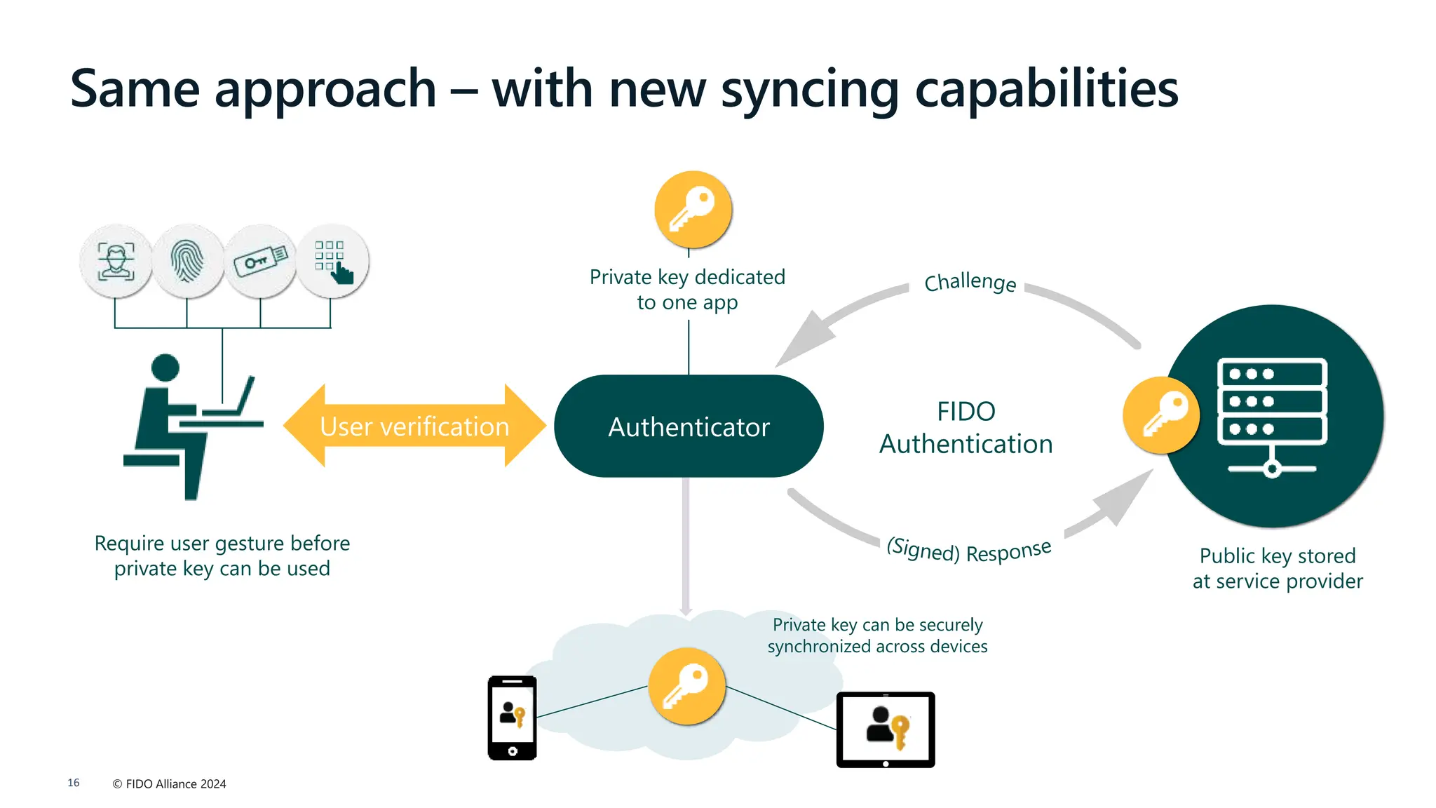 © FIDO Alliance 2024
16
Same approach – with new syncing capabilities
User verification
Require user gesture before
private key can be used
Authenticator
FIDO
Authentication
Private key dedicated
to one app
Public key stored
at service provider
Private key can be securely
synchronized across devices
 