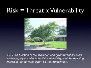 Risk = Threat xVulnerability
“Risk is a function of the likelihood of a given threat-source's
exercising a particular potential vulnerability, and the resulting
impact of that adverse event on the organization.”
 