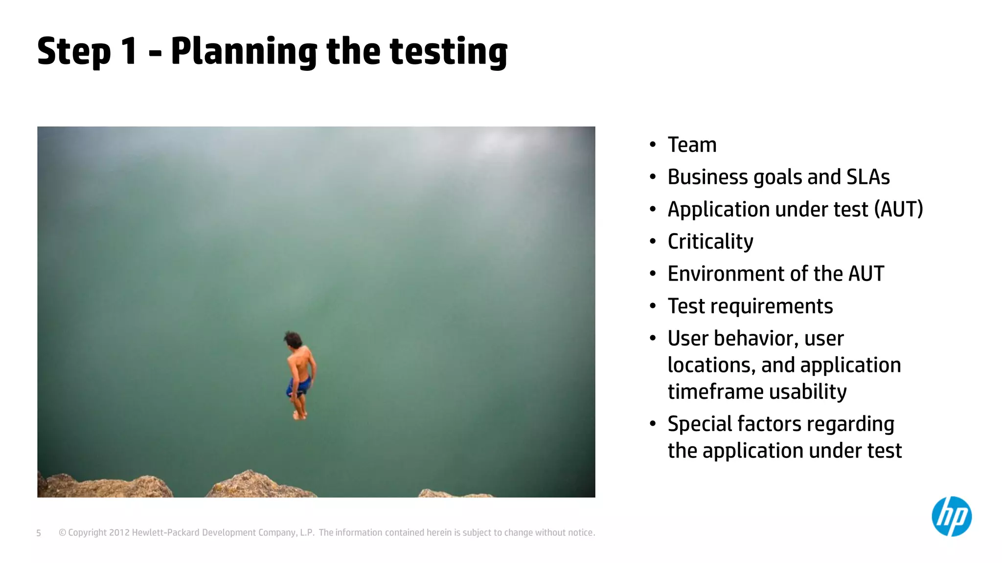 Step 1 - Planning the testing

                                                                                                                                       • Team
                                                                                                                                       • Business goals and SLAs
                                                                                                                                       • Application under test (AUT)
                                                                                                                                       • Criticality
                                                                                                                                       • Environment of the AUT
                                                                                                                                       • Test requirements
                                                                                                                                       • User behavior, user
                                                                                                                                         locations, and application
                                                                                                                                         timeframe usability
                                                                                                                                       • Special factors regarding
                                                                                                                                         the application under test


5   © Copyright 2012 Hewlett-Packard Development Company, L.P. The information contained herein is subject to change without notice.
 
